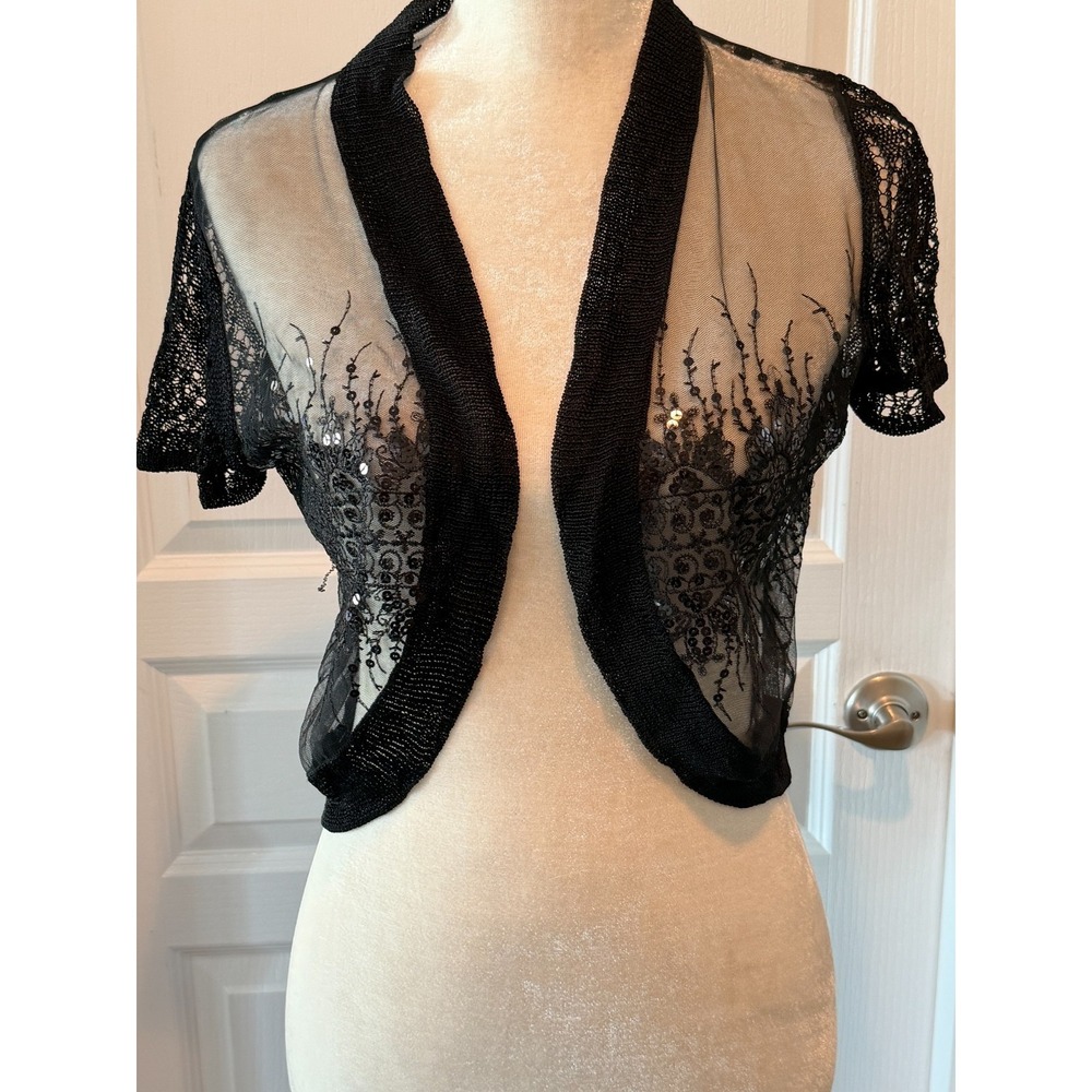Black Lace Shrug Bolero Crop Cardigan Short Sleeve Sheer Open XL Goth Witchy